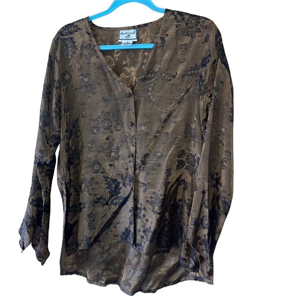 April Cornell Vintage Womens Blouse Size Medium Brown Floral Pure Rayon